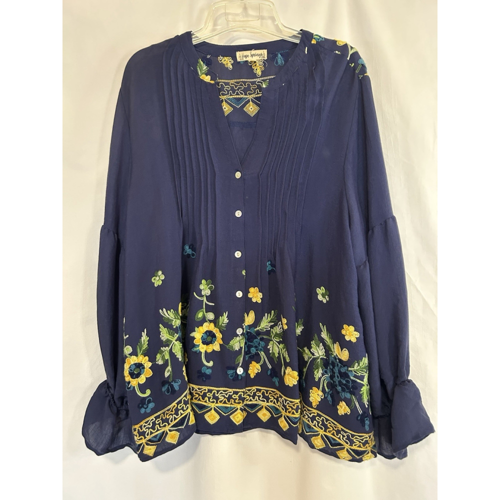 Sunflowers Pleated Hope Springs Navy Top Ruffled Sleeves Cruise Travel 2XL